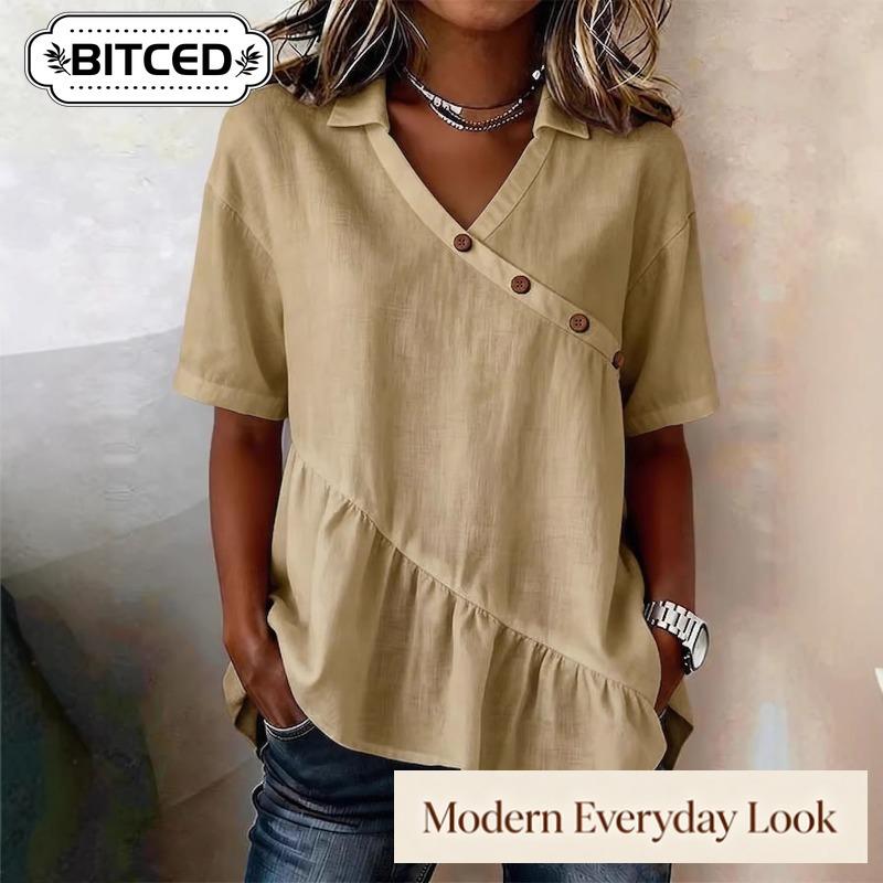 BITCED Women's Fashion Casual V-Neck Short Sleeve Blouses & Shirts