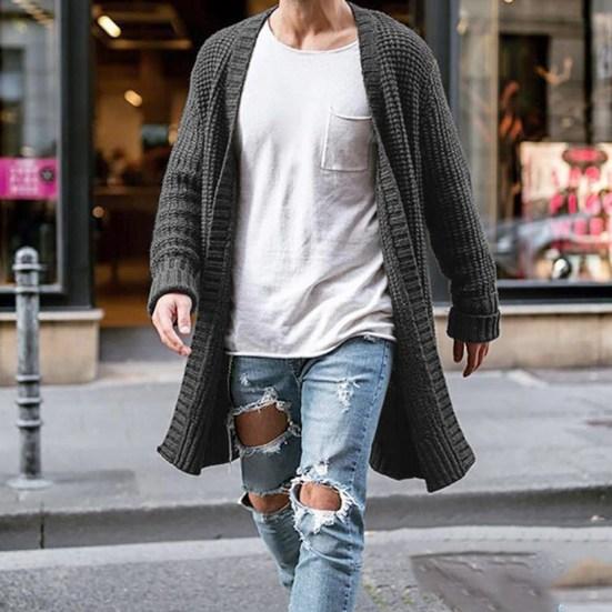 Men Sweater Cardigan Solid Color Long Sleeve Cold Proof Knitwear Autumn Winter Loose Mid Length Sweater Coat Streetwear