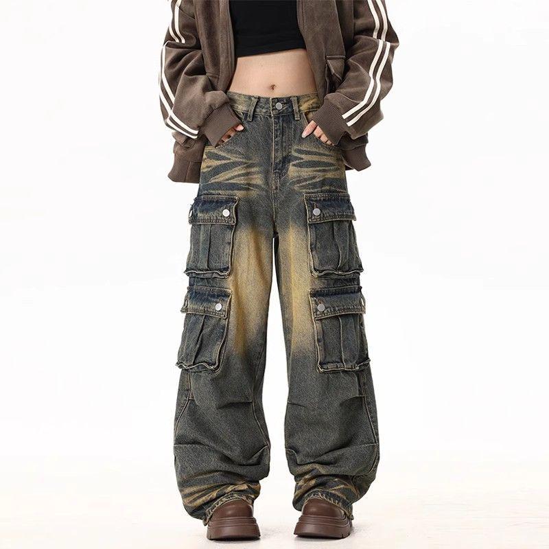 

Women s 2024 Retro Denim Workwear: Distressed, Multi-Pocket, Loose Hip Hop Jeans in Washed Wasteland Color M синий