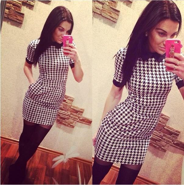 

2025 Spring/Summer Women s Houndstooth Short Sleeve Color Block Dress S