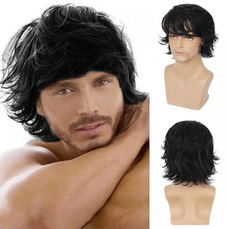 Mens Short Curly Wig With Side Swept Bangs Golden Color 12 Inch Synthetic Hairpiece Daily Wear