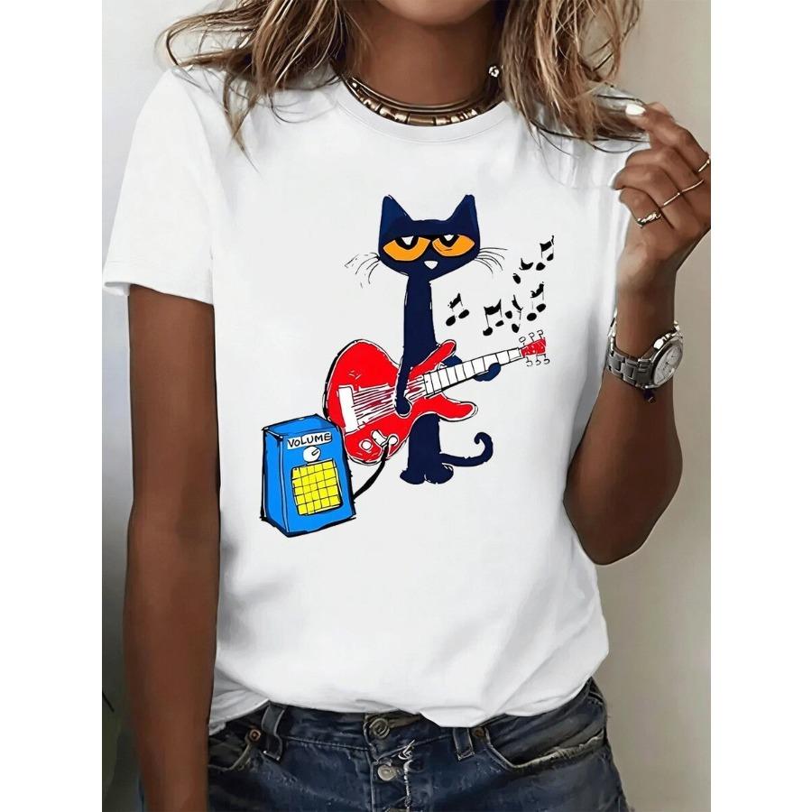 Cute Guitar Cat Pattern Women s Printed T-shirt 2XS