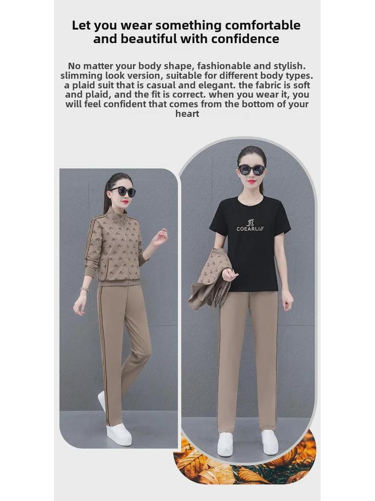 Podzimní 2023 Kontrastní barva Ležérní sportovní souprava pro ženy středního věku: Tištěná mikina a tepláky