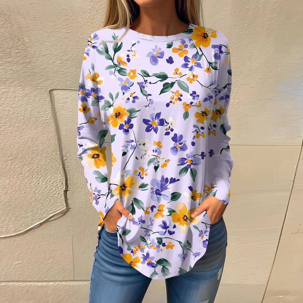 Women's  Loose Casual Flower Printed Round Neck Long Sleeved T Shirt Top Pullover Long Sleeved Sweatshirt