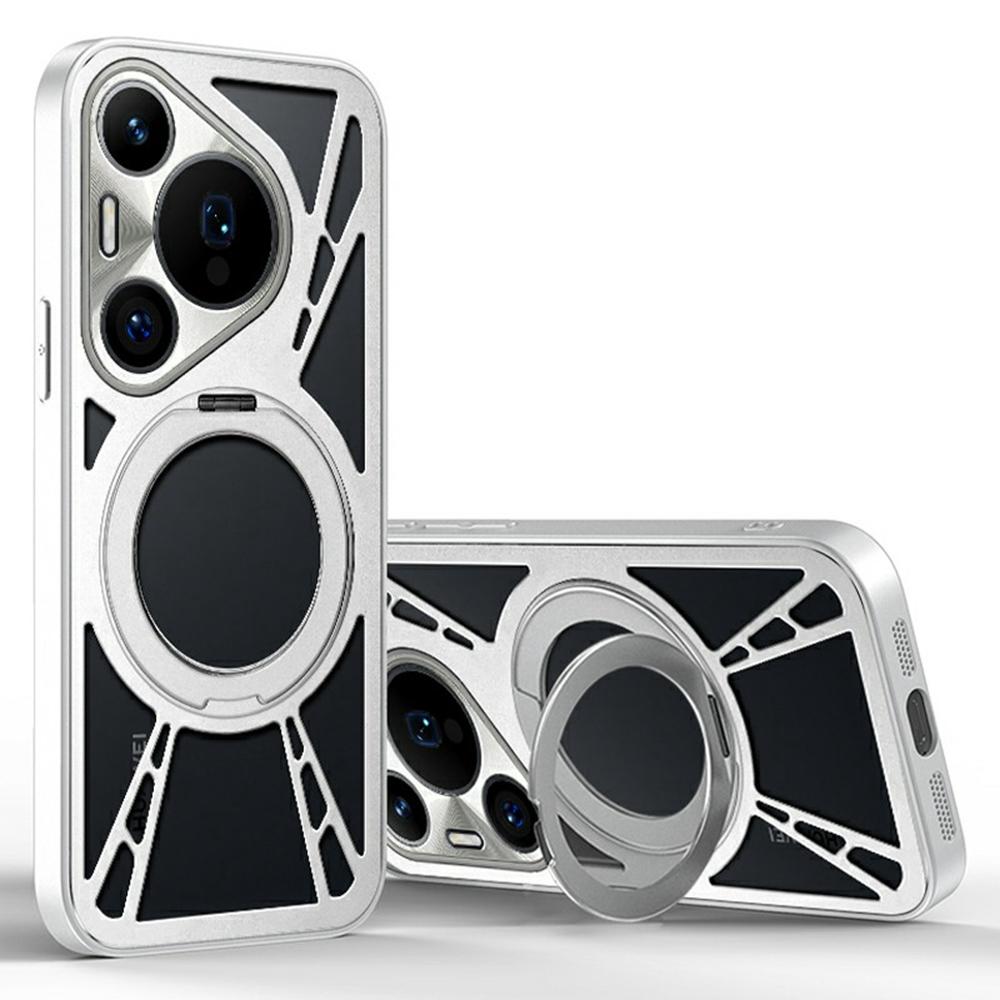 For Huawei Pura 70 Pro Case Magnetic Kickstand Hollow Heat Dissipation Silicone+PC+Metal Bumper Phone Cover