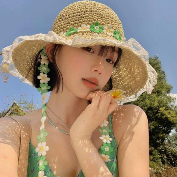 Straw hat women's summer new big-brimmed sun hat lace lace sunscreen seaside vacation hat breathable face