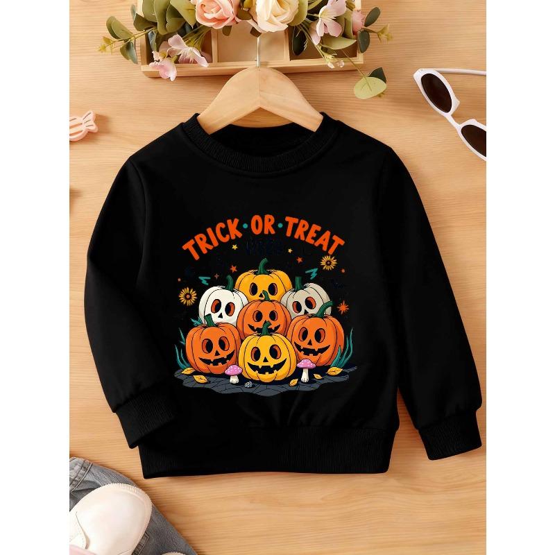Girls' White Short Sleeve Sweatshirt - Cute Pumpkin & Bat Print Fall Winter Sweater with Trick or Treat & Happy Halloween Vibes