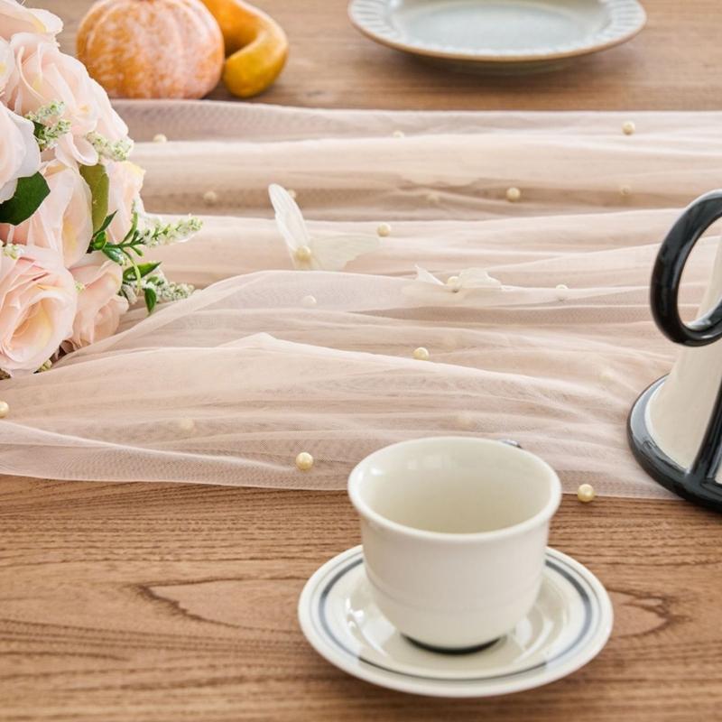 Mesh Lace Table Runner With Beaded and Embroidery 3D Butterfly Sheer Tulle Fabric Tablecloth For Dining Table Decors