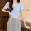 Threaded Short-sleeved T-shirt Women's Neckline Hemming Summer Hem Curved Design Short Spice Girl Small Foreign Style Top