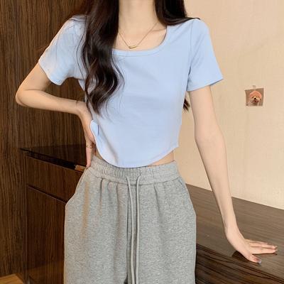 Threaded Short-sleeved T-shirt Women's Neckline Hemming Summer Hem Curved Design Short Spice Girl Small Foreign Style Top