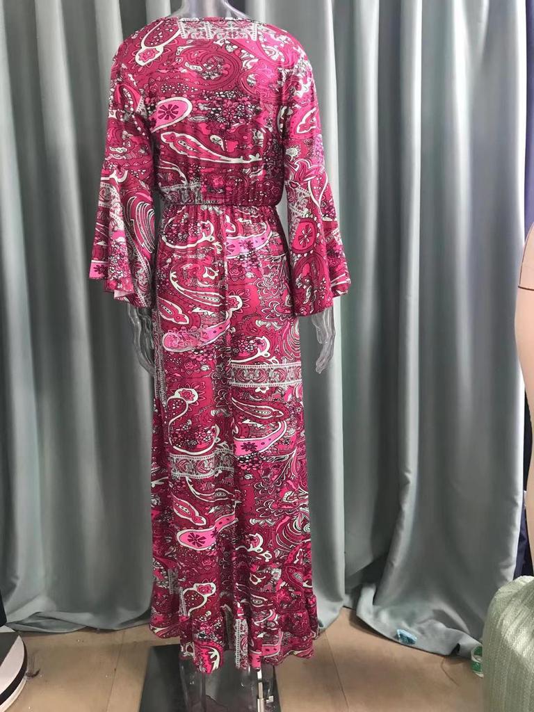 2024 Boheemse Bloemen Klokmouw Hoge Taille Damesjurk – Europese & Amerikaanse Stijl