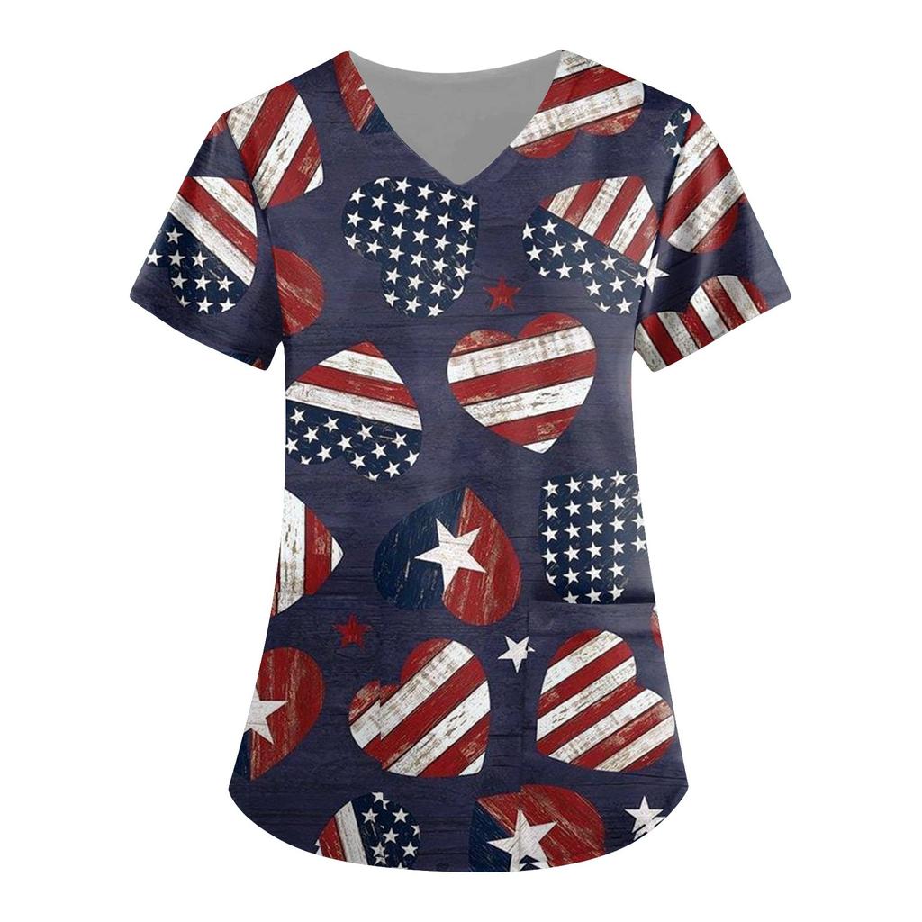 Women's Independence Day Print Short Sleeve V Neck Top Work Pocket Shirt