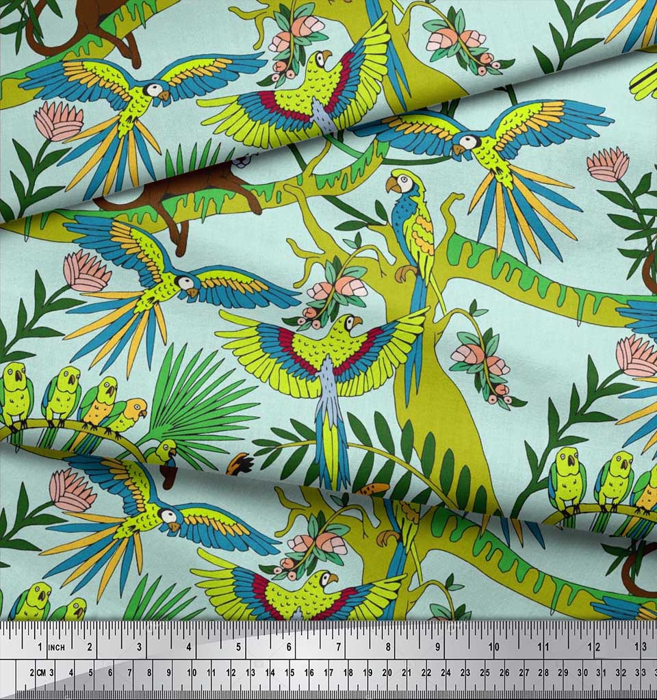 Soimoi Japan Crepe Satin Fabric Branches,Parrot & Leopard Jungle Print Fabric by the metre 42 Inch
