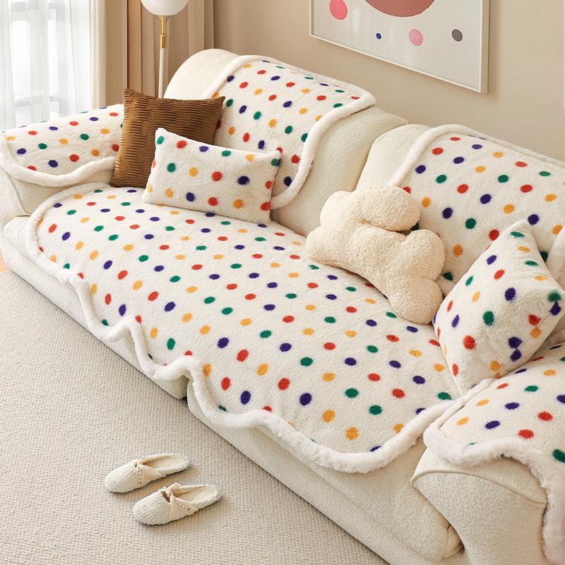 Modern And Simple Wave Point Rabbit Plush Sofa Mat Autumn And Winter Anti Slip Dustproof Irregular Ddopamine Sofa Cover Cloth 90x90cm 1pcs