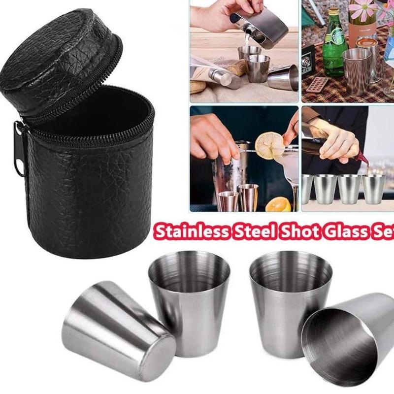 4pcs/Set Stainless Steel Glass Set Outdoor Small Glasses Set Travel Picnic Cup Set 30/70/170ml