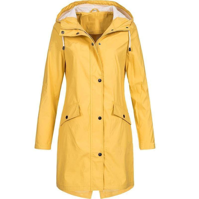 Women Solid Rain Outdoor Hooded Raincoat Windproof Long Jacket Coat
