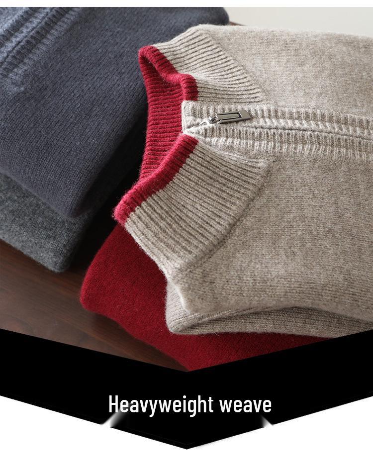 Men's Autumn/Winter Wool Knit Zipper Pullover - Seven-Needle Thickened Half-High Collar Sweater