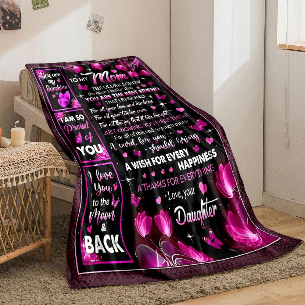 To My Mom Love Words Pink Butterfly Design, Warm Blanket Blanket for Livingroom Couch Lunch Break Soft Throw for Friend's Festival Gift