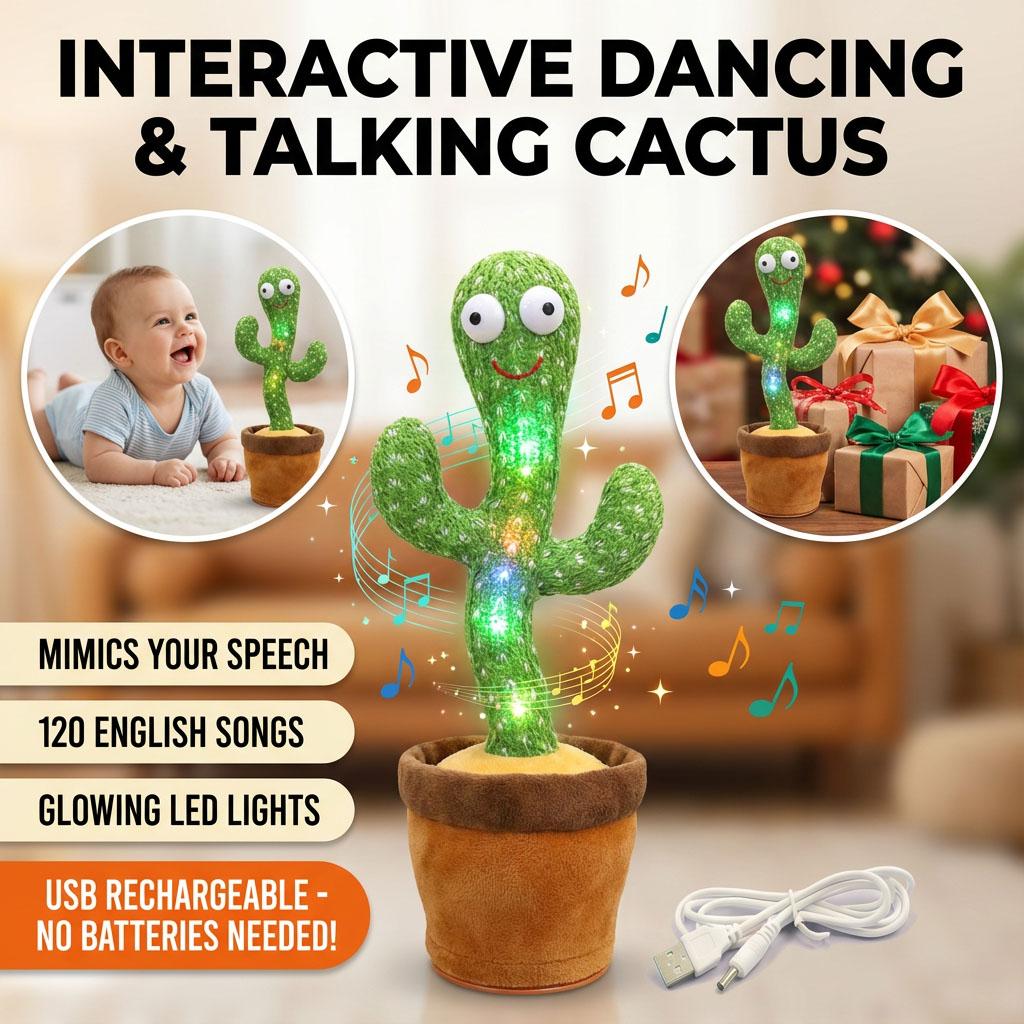 Electric Dancing Cactus Repeating Toy with Music and Lights Funny Interactive Plush Doll for Kids Toddlers Holiday Gift