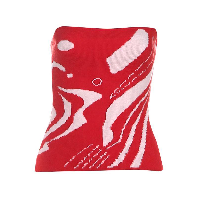 

# Sisjuly# American Retro Bright Red Chic Sexy Girl Stylish Print Knitting Tube Top Vest for Women Summer Red S