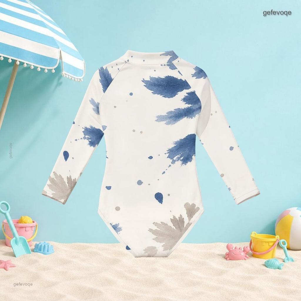 Girls High Neck Long Sleeve Front Zip Blue White Printed One Piece Swimsuit