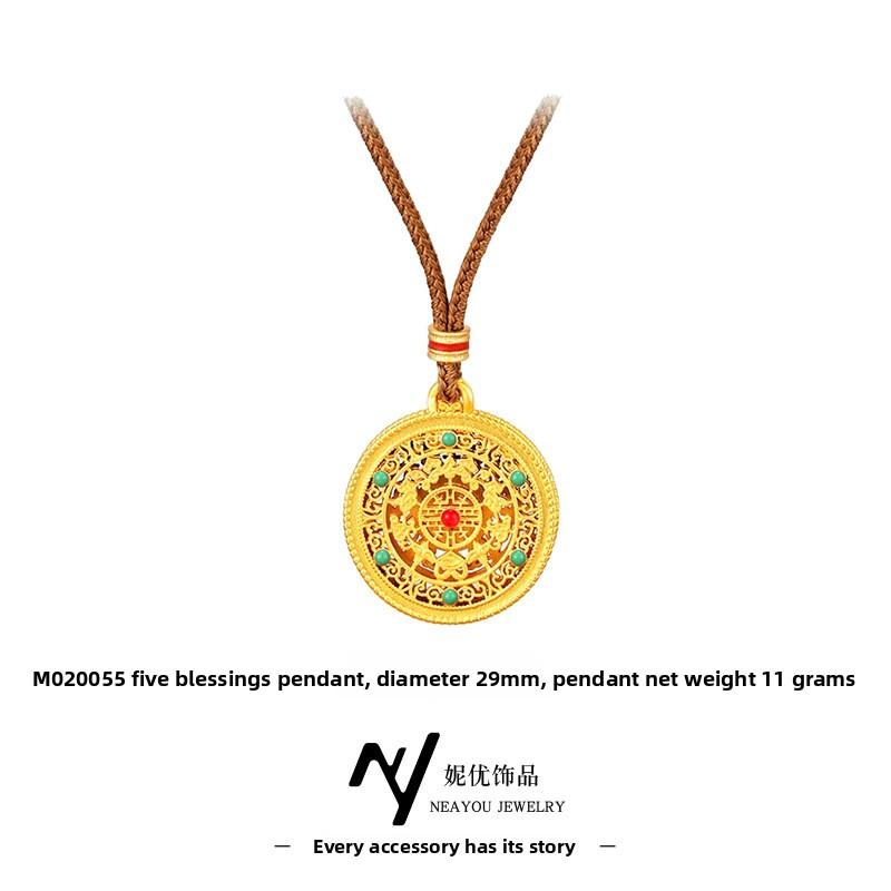 Meier Chinese style five blessings pendant, gold hollow ethnic style enamel compass necklace