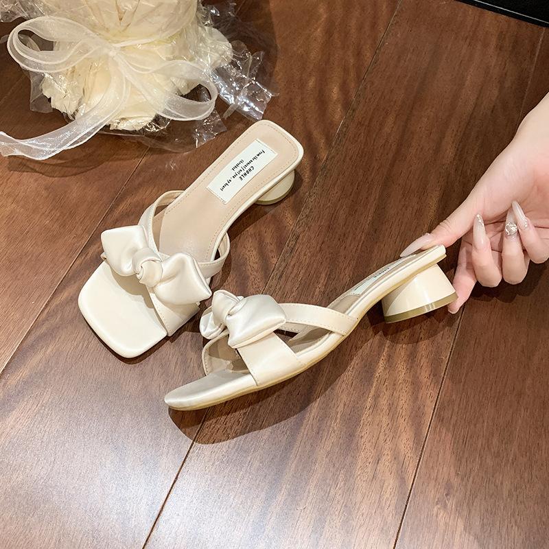 French Bow One-word Slippers Female Summer Wear with Skirt Fairy Sandals High Heels Beach Cool Slippers Women's Shoes