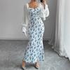 Women's Long-sleeved V-neck Dress Chiffon Patchwork Knitted Printed Hip-hugging Long Skirt