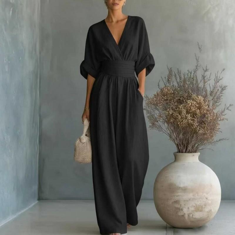 2026 Elegant V-Neck High-Waist Wide-Leg Jumpsuit Women Slimming Fit Casual Office Wear