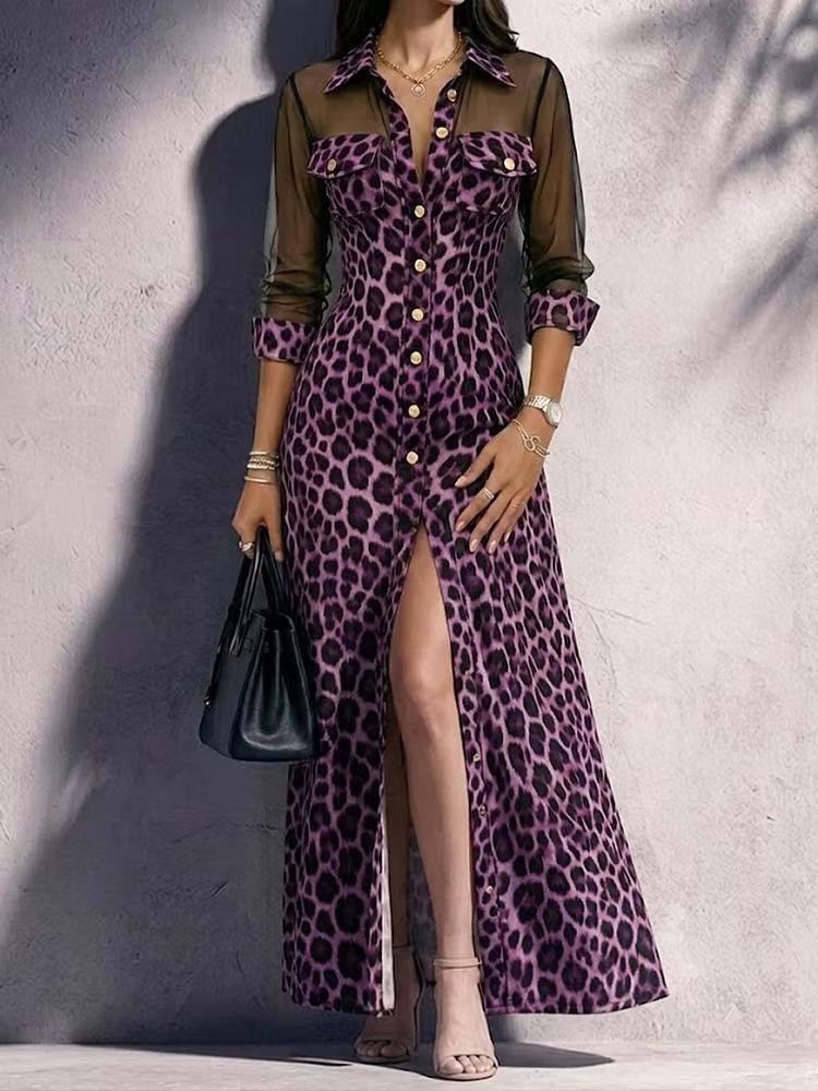 Unabhängige Station Europäischer und Amerikanischer Stil Leopardenmuster Spleiß Mesh Garn Mode Lässig Schlitz Damenkleid