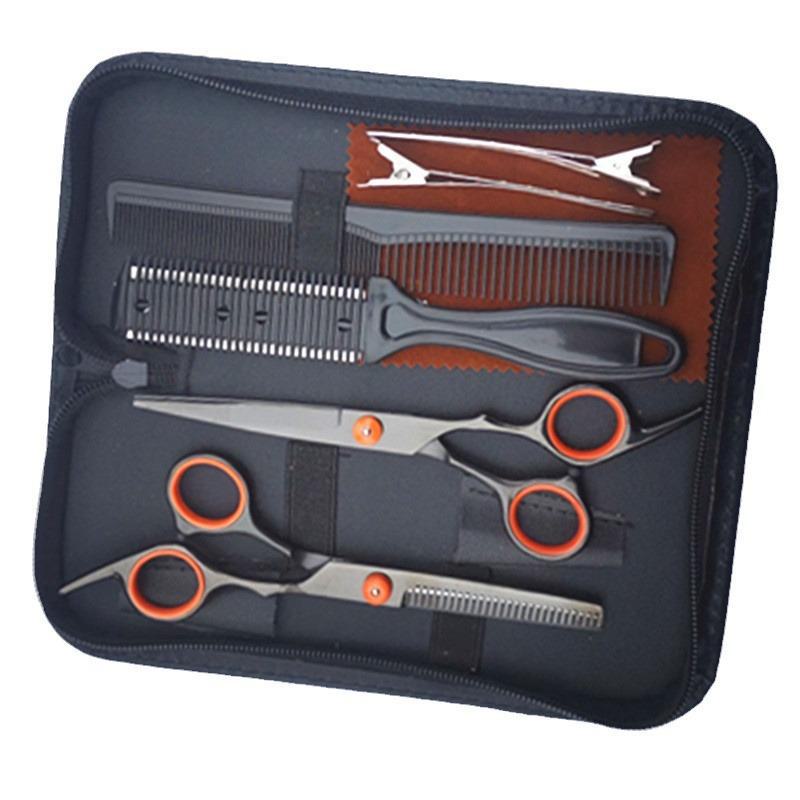 Schwarz-blaues Friseurscheren-Set: Friseurschere, Ponyschneider, Flachzahnschere, Effilierschere.