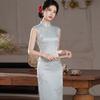Embroidery blue sleeveless national style new Chinese daily Suzhou long cheongsam improved young women's high-end dress