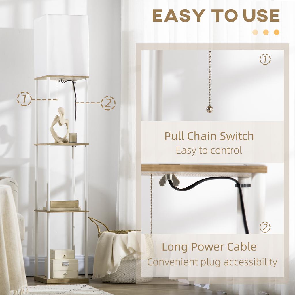 Modern Metal Floor Lamp With Shelves 3 Layer Shelf Tall Standing Lamp With Fabric Lampshade Pull Chain Switch For Living Room Bedroom Bulb Not