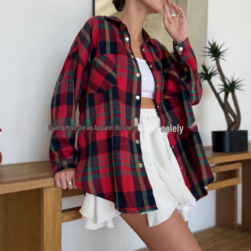 

European American Women s Summer Plaid Pocket Shirt, Mid-Length Casual Outerwear, 2025 Street Style. Medium красный