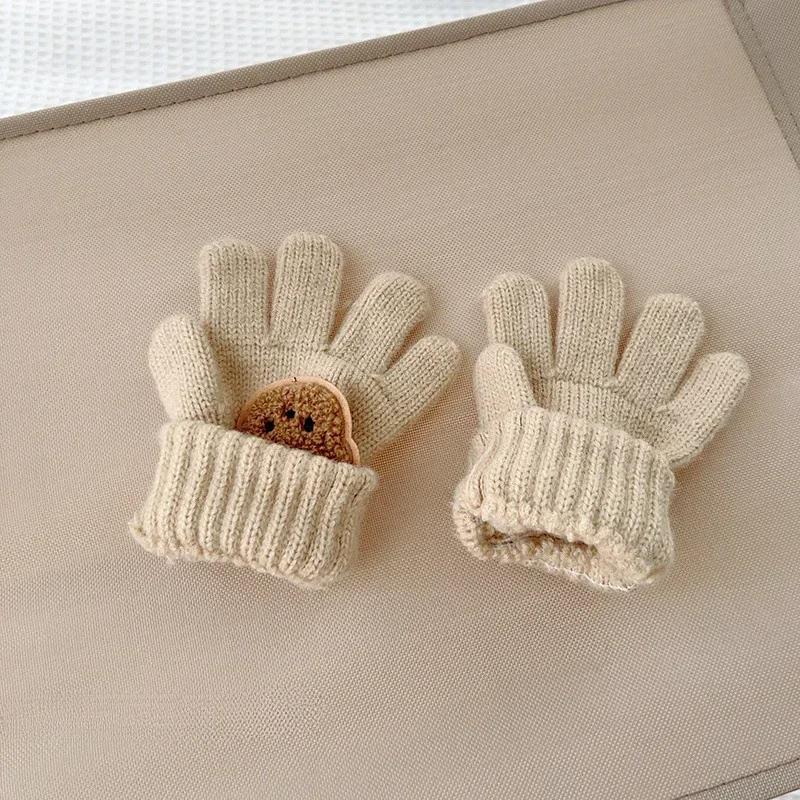 3-7Y Baby Cartoon Bear Mittens Winter Warm Kids Girl Solid Doll Gloves Knitted Children Toddler Thick Teething Mitten Handschoen