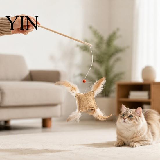 Natural Linen Hunting Toy Cat Wand with Bag, Interactive Bell, Handheld Interaction Stick Wooden Handle Feather for Indoor Cats Scratching Chasing