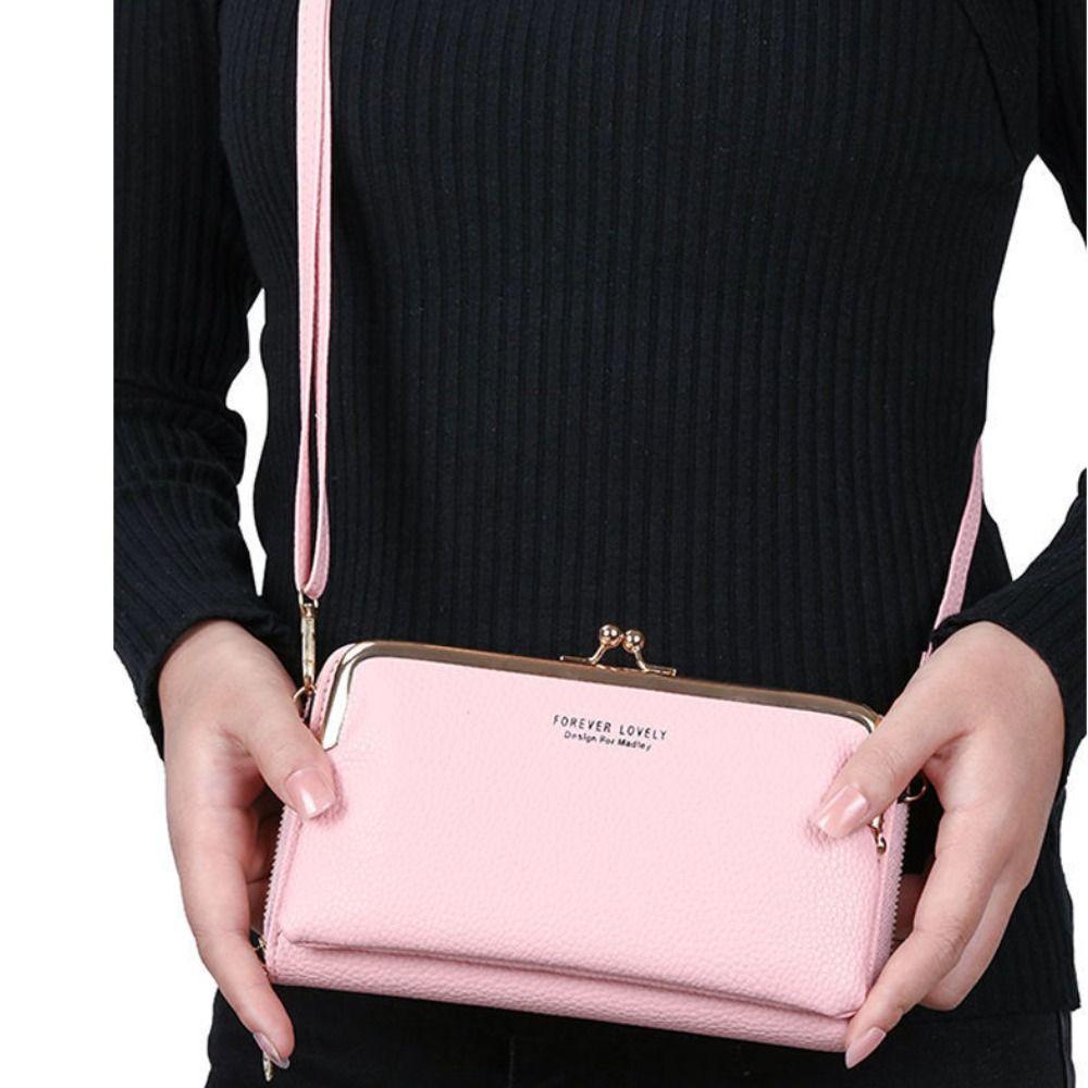 Solid Color Leather Wallet PU Women Card Holder Fashion Phone Crossbody Bag  Girl