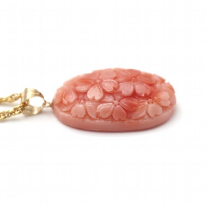 Deep Sea Coral Pendant with Cherry Blossom Carving Gift Wrapping 18K Gold 25x15cm Pink 45cm Chain Included 18K Gold Chain (Free Available) Hardware,