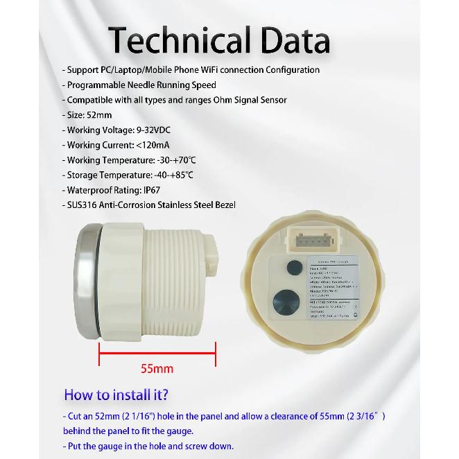 RHAXEL 52mm Wi-Fi Water Temp Gauge 40-150℃ Meter Compatible with All Types or Ranges Ohm Signal Sensor 12V 24V for Auto