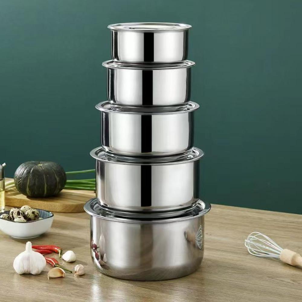 5Pcs Rustproof Stainless Steel Soup Pot With Lid Salad Bowl Lard Basin Stock Pot Set  Food