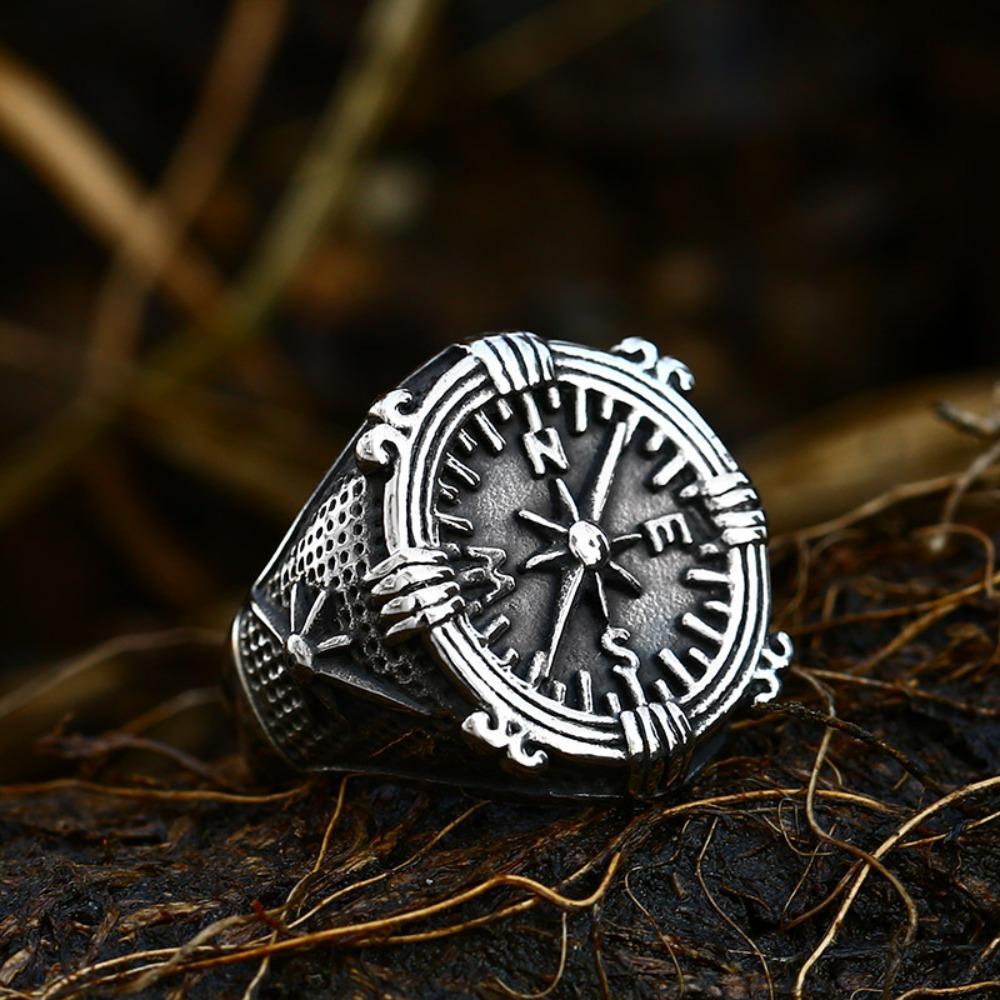Retro Compass Titanium Steel Ring, European and American Men's Stainless Steel Casting Boat Anchor Ring