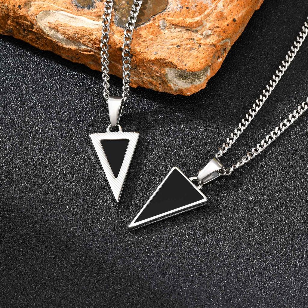 Geometric Triangular Black Agate Pendant Necklace,Stainless Steel Natural Stone Necklace for Men, Minimalist Trendy Jewelry Gift