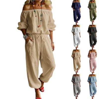 Women Off Shoulder Casual Top and Drawstring Waist Jogger Pants Two Piece Set Lightweight Loose Fit Lounge Wear