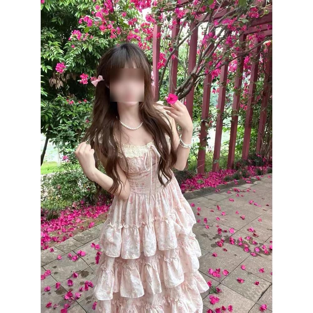 Sweet Floral Small Flying Sleeve Dress Female Summer Beautiful Princess Tutu Skirt Waist Cake Long Skirt