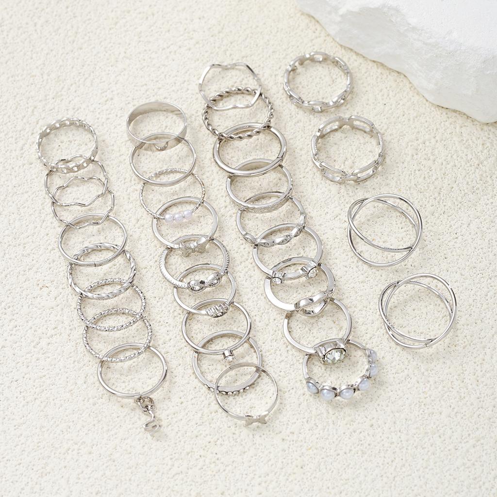 30 PCS Silver Color Geometric Ring Set For Women Vintage Heart Eye Cross Sun And Moon Leaf Charm Finger Ring Female Boho Jewelry