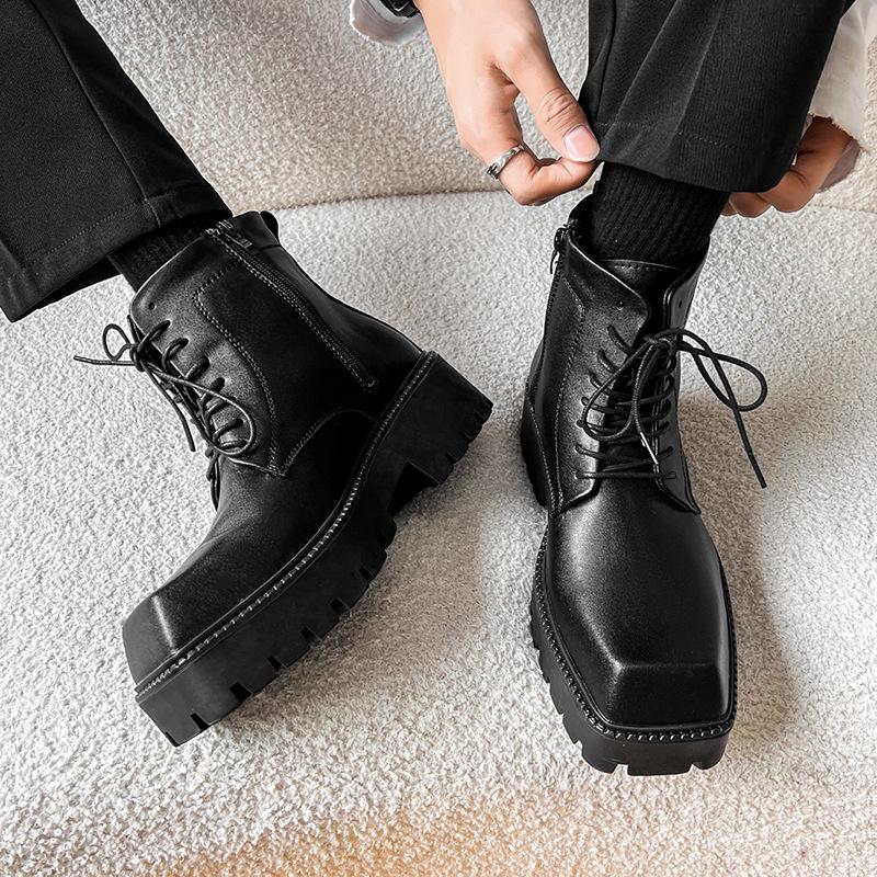 Platform High Top Shoes for Men Black Leather Dress Shoes Japan Korea All-Match Casual Wear-Resistant Footwear Chaussure Homme