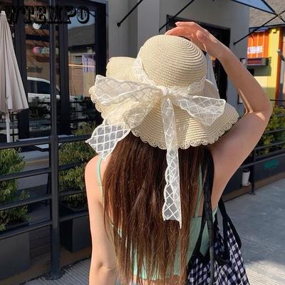 Cappello di Paglia Estivo con Fiocco in Pizzo Cappello da Viaggio Cappello a Tesa Larga Cappello Parasole Pieghevole Vacanza Spiaggia Parasole Protezione Solare Spiaggia