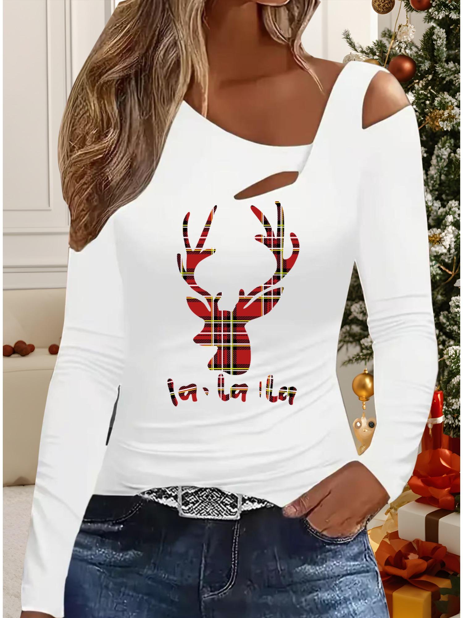 

Осень и Зима Женский Новый Повседневный Топ с Длинным Рукавом Рождественский Узор Идеальный Подарок на Хэллоуин Рождество Футболка XXL белый