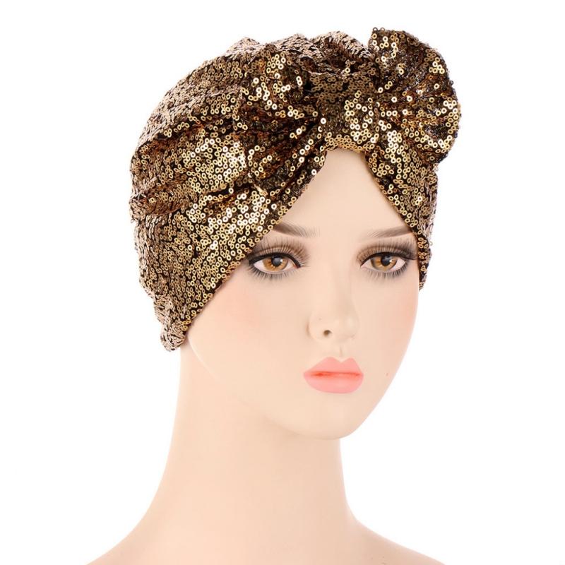 Turban Hat Bag Cap Bow Sequin Muslim Solid Color Hat