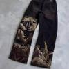ROADVIBE American Loose Jeans Personalized Bat Pattern Print Street Y2K Pants Lazy Jeans Casual Straight Pants Harajuku Retro Street Wear